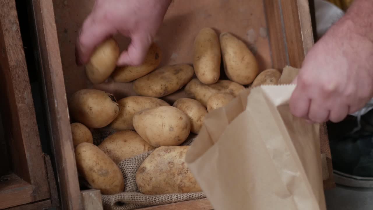 Primo piano della raccolta di patate da una cassa di legno rustica e del loro posizionamento in un sacchetto di carta.