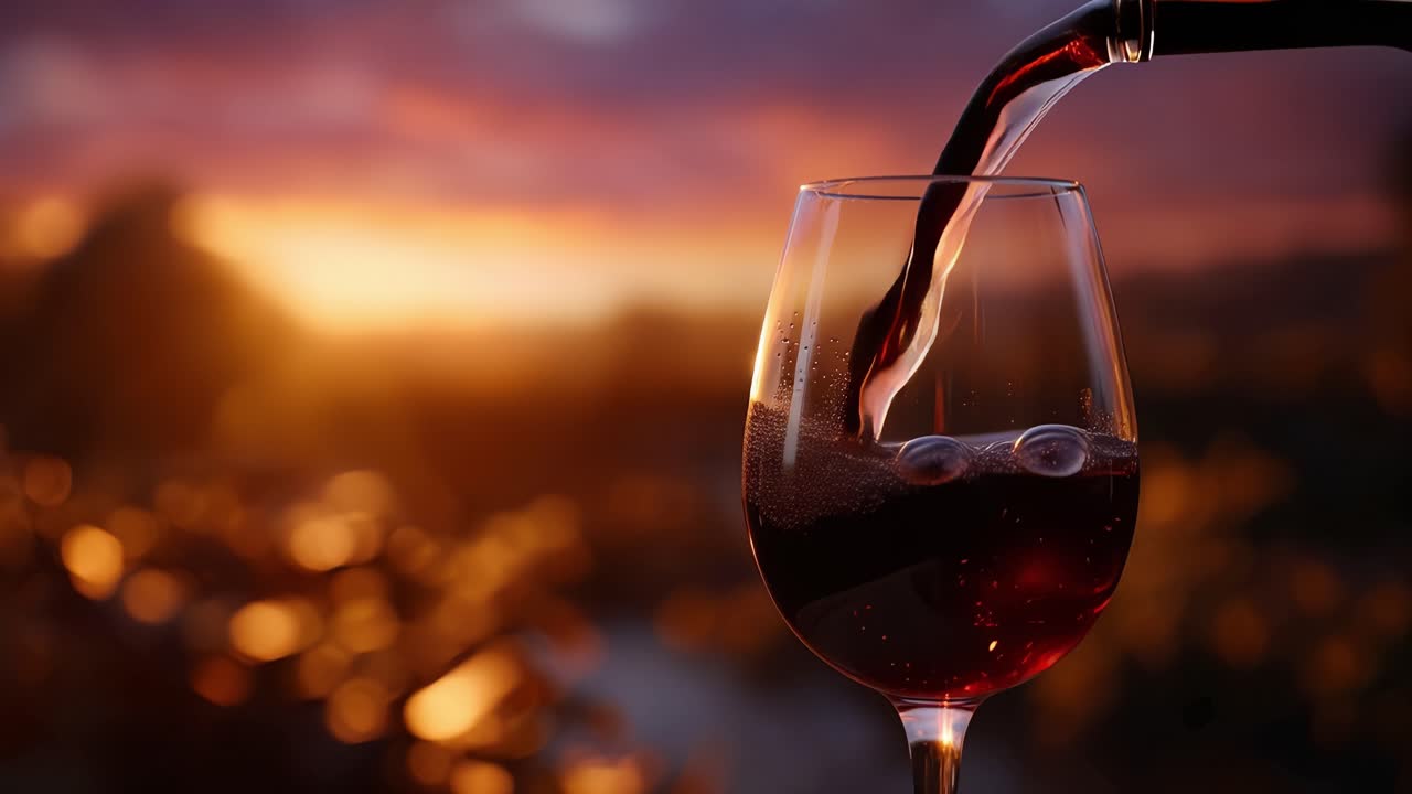 Golden light pours into a wine glass. Sunset glows behind blurred vineyard rows. Rich red wine swirls, catching the warm hues. Emotion feels serene, intimate, luxurious
