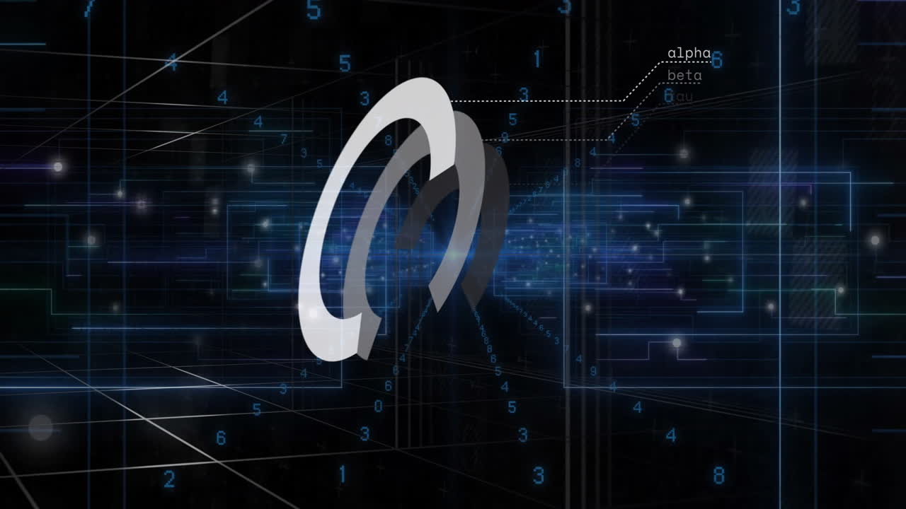 Rotating 3D ring with animation over digital network with numbers and circuits