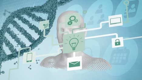 Animation-of-network-of-connections-with-icons-over-digital-human-head-and-dna-strand