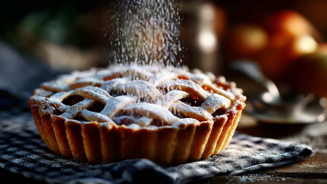 Delicious Golden-Brown Pie with an Elegant Lattice Crust Sprinkled with Powdered Sugar, Set Against a Cozy, Soft-focus Background, Capturing the Essence of Homemade Baked Goods and Comforting Desserts