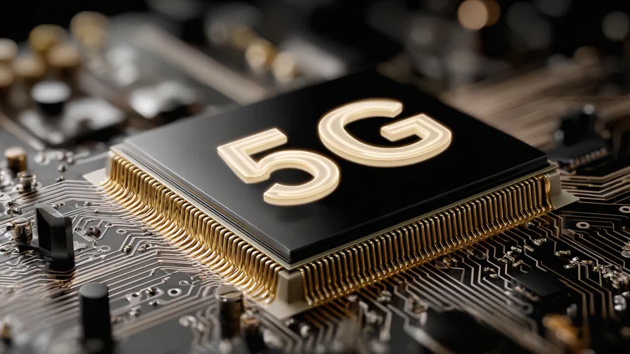Esplorando il futuro della tecnologia: una visione ravvicinata di un chip processore 5G che mette in evidenza i rapidi progressi nella connettività mobile e nelle soluzioni di trasferimento dati