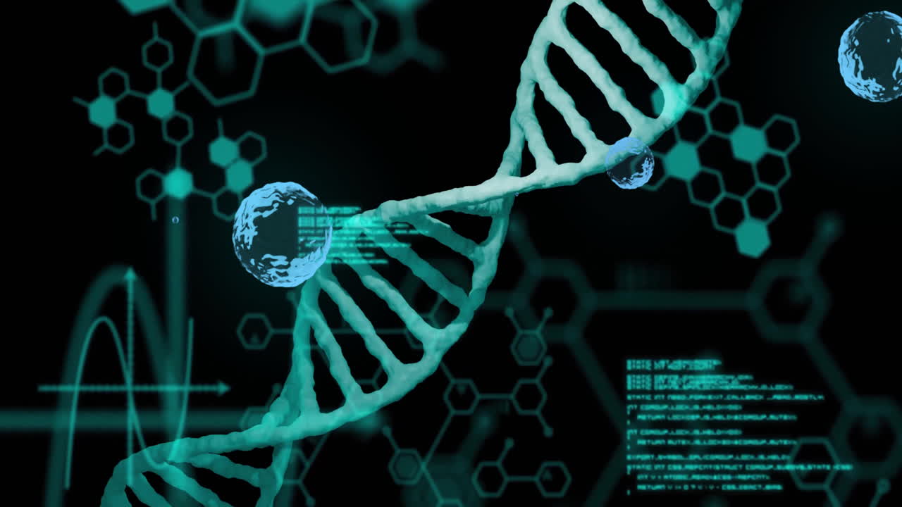6각형 패턴에 대한 dna 스트랜드 및 과학 데이터 처리 애니메이션