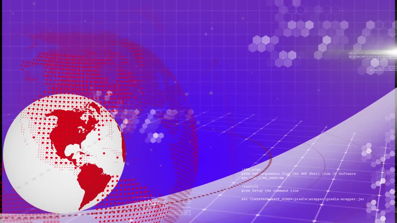 animación de formas blancas sobre el globo y procesamiento de datos sobre fondo púrpura