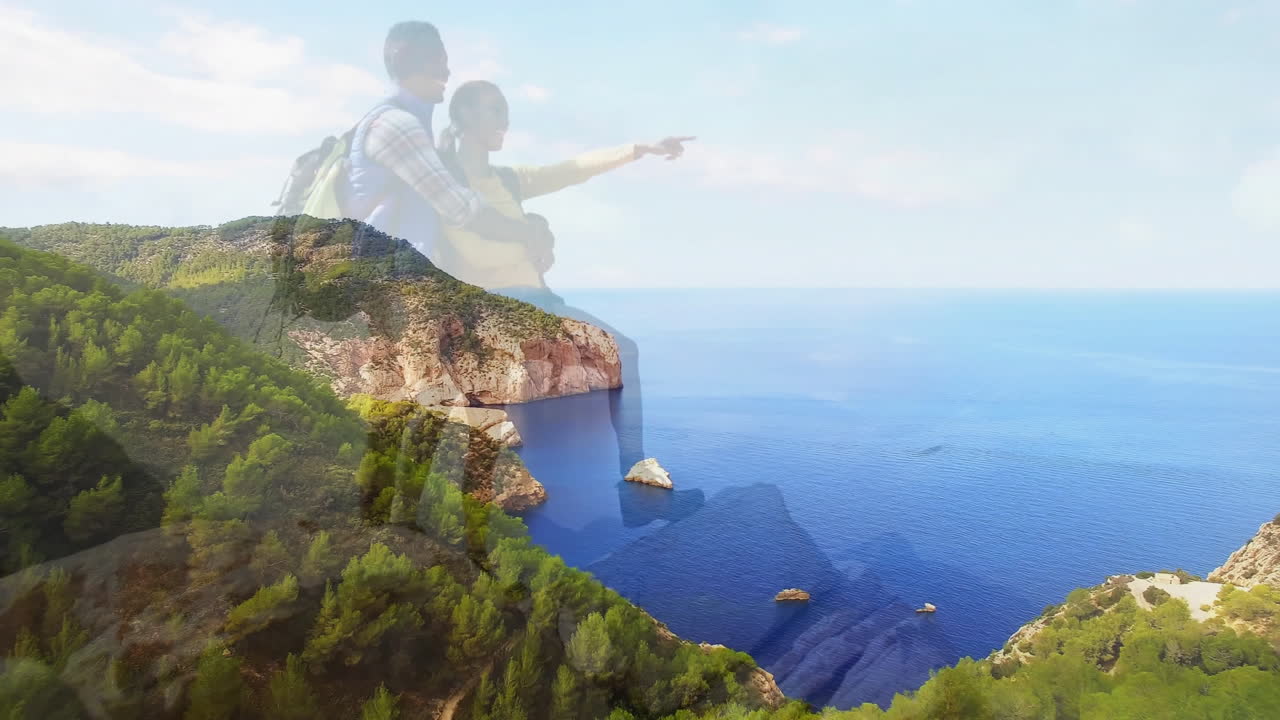 Couple hiking rocky coastline, showing animated heart rate graph and health icons