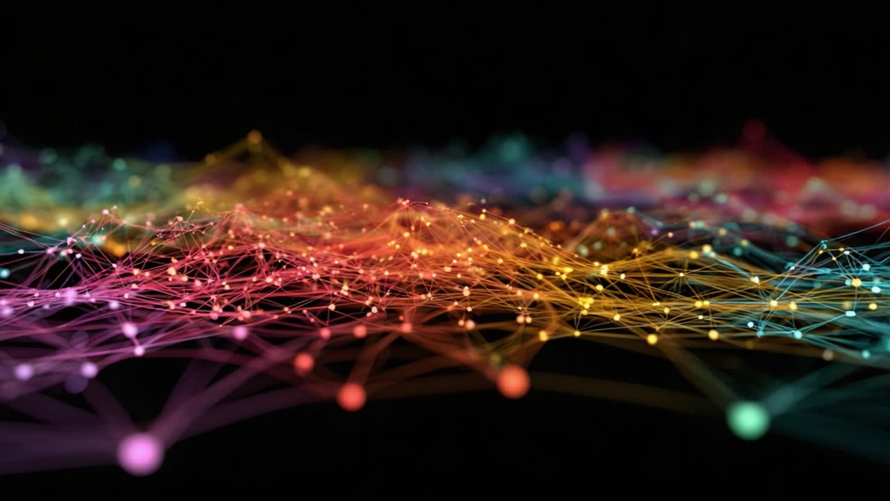 A Breathtaking Visualization of Interconnected Networks: A Colorful Digital Landscape with Dynamic Flow and Vibrant Connections Representing Complex Data Structures