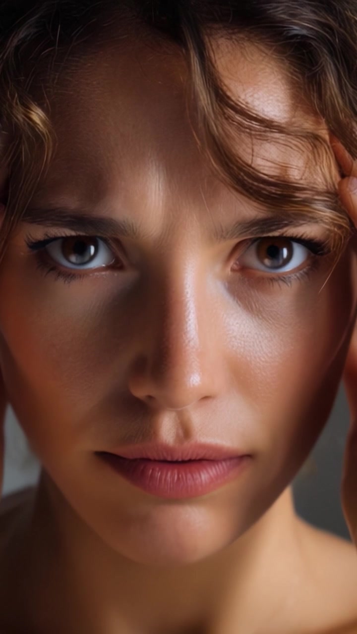 Una giovane donna che esprime emozioni attraverso sguardi intensi e sottili espressioni facciali in una serie di ritratti ravvicinati stimolanti.