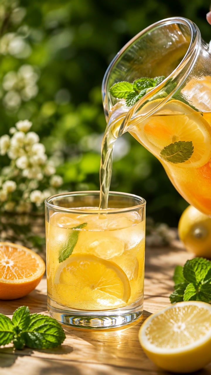 Flusso costante di bevanda agrumata ambrata riempie un bicchiere refrigerato mentre ghiaccio, fette di limone e menta catturano la luce solare intensa, con frutta tagliata, erbe aromatiche e piante fiorite che circondano il tavolo