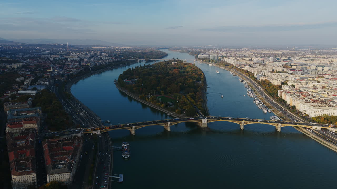 Aerial view of Budapest’s Margaret Island on the Danube, framed by Buda and Pest with the Margaret Bridge connecting both riverbanks