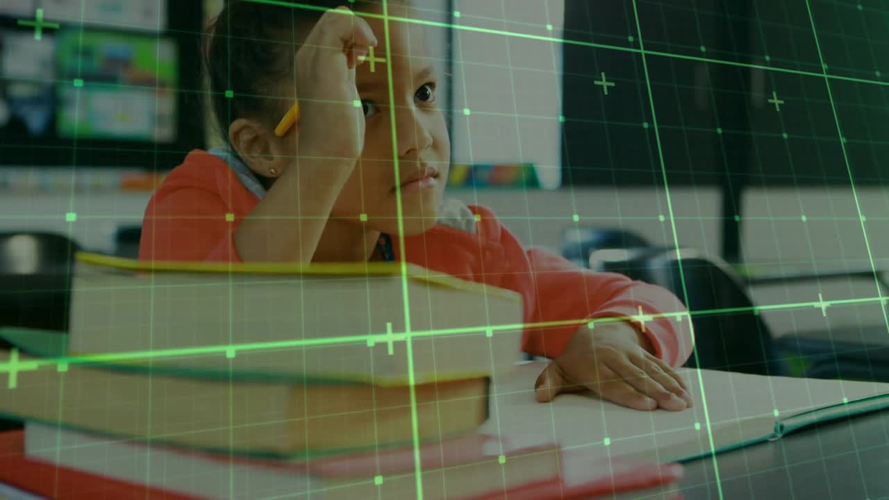 School-aged girl shifting gaze and picking yellow pencil behind books for focused classroom writing