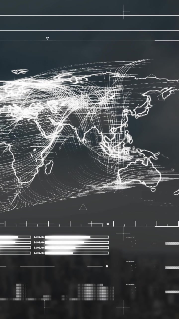 Animation of illuminated loading bars, map over modern cityscape against cloudy sky