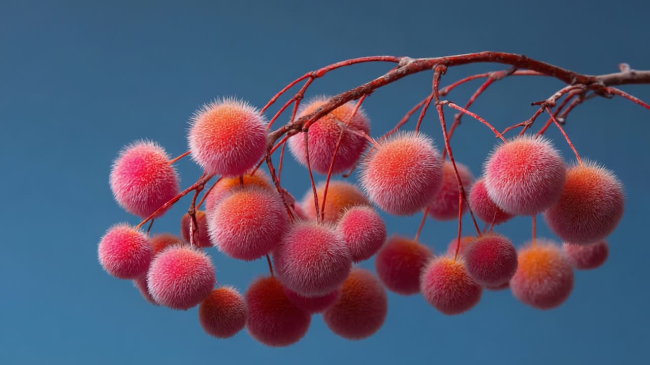 A Vibrant Display of Colorful Fuzzy Wrapping Fruits on a Branch Against a Serene Blue Background, Highlighting Nature's Unique Beauty and Textures
