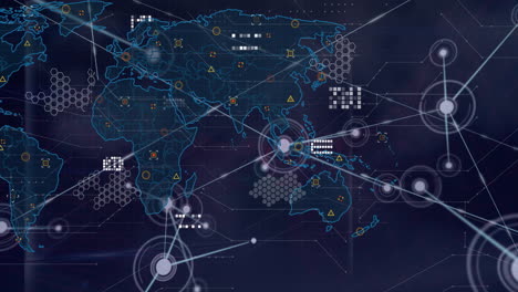 animación de conexiones y procesamiento de datos sobre el mapa del mundo.