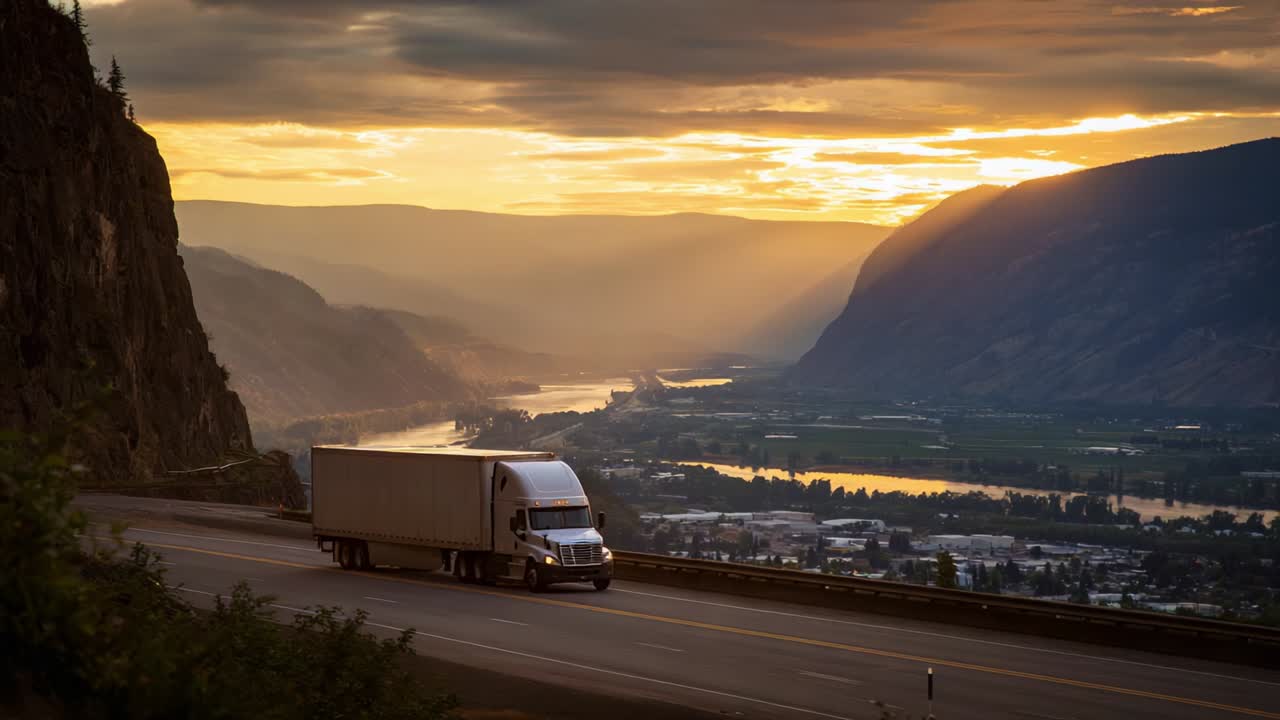 A Tranquil Journey Through Nature: A Truck Navigating a Scenic Mountain Road at Sunset, Showcasing the Beauty of Rolling Hills and a Serene River Below the Illuminated Sky