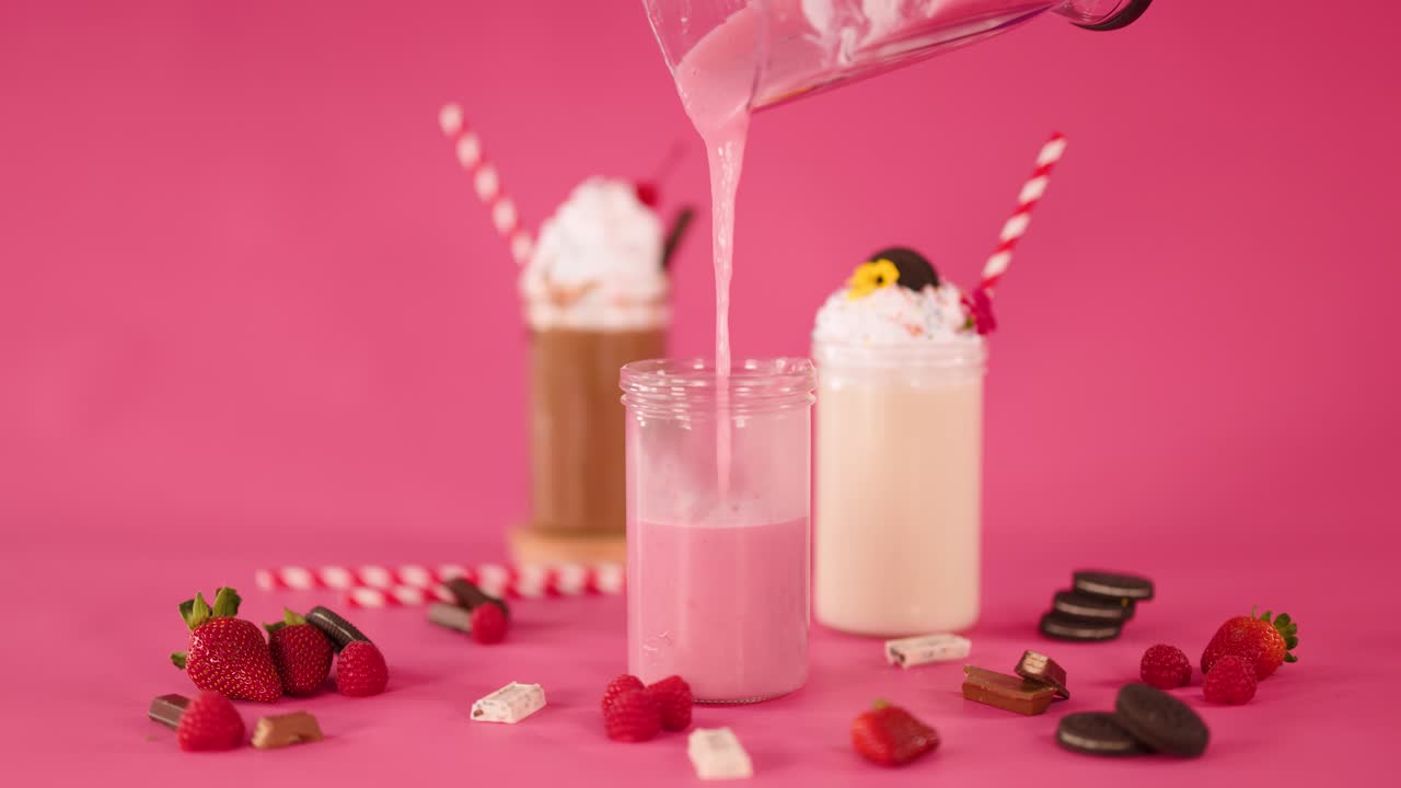 Strawberry milkshake poured into glass, surrounded by berries, cookies, candy, bright pink background, studio lighting
