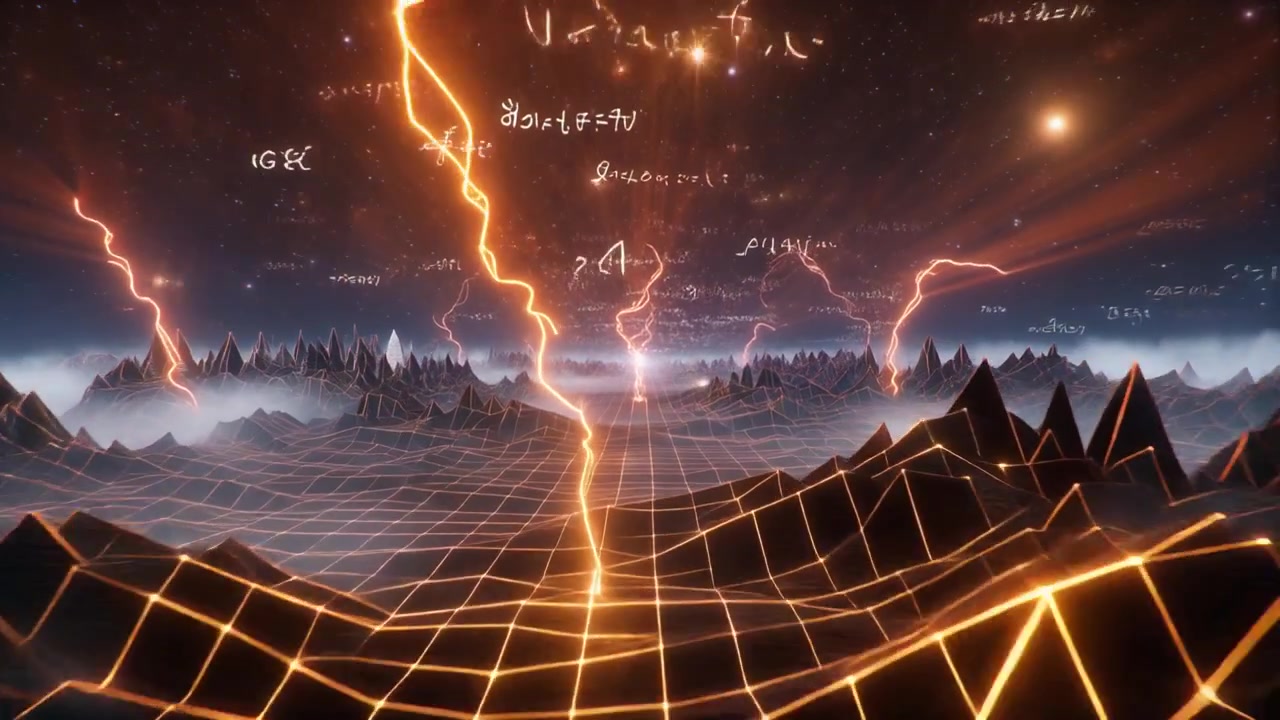 Abstrakt digitalt landskab med glødende lyn og svævende matematiske symboler