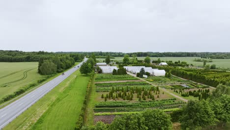 overcast day with nursery field, greenhouses beside highway, latvian countryside