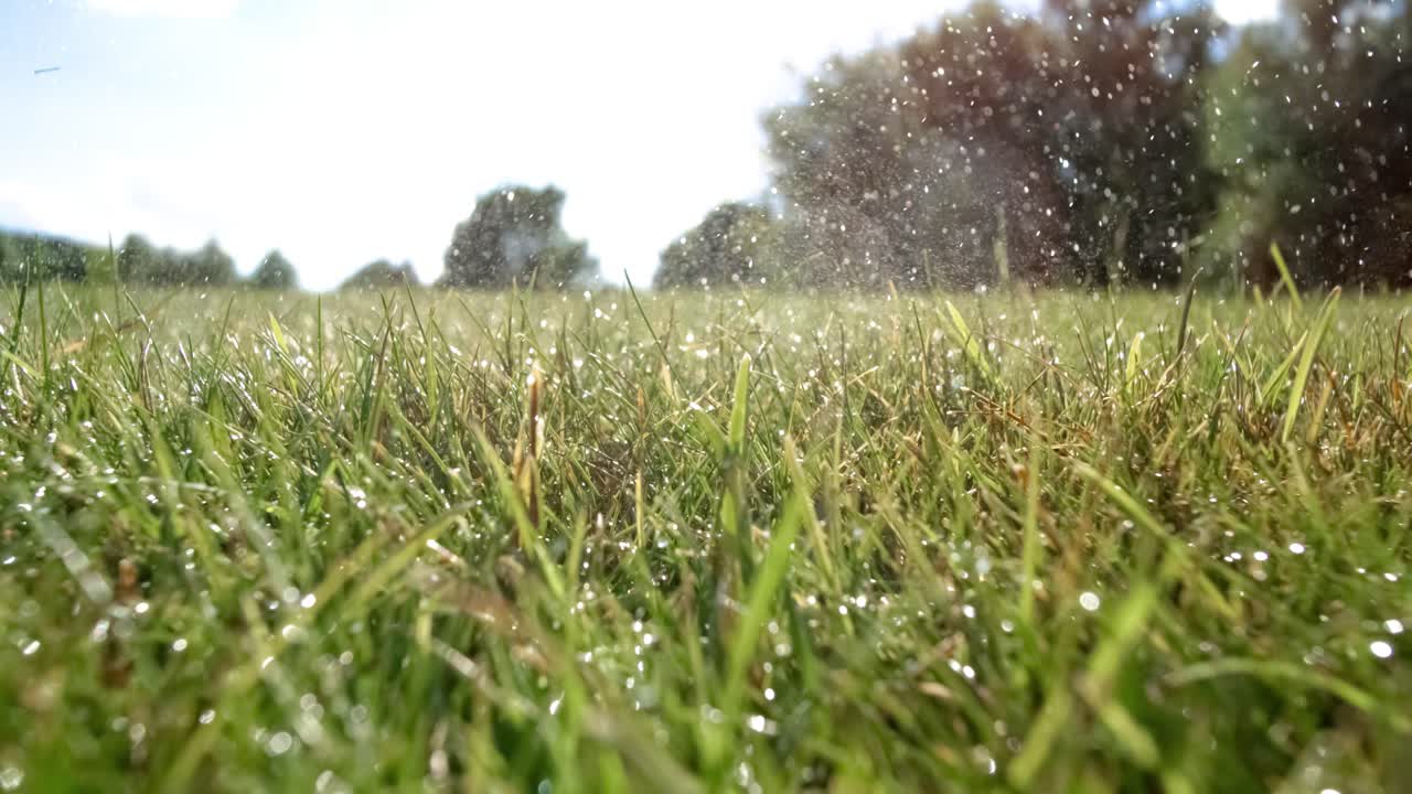 Una mazza da golf colpisce una pallina da golf al rallentatore. Gocce di rugiada mattutina e particelle d'erba si sollevano in aria dopo l'impatto.