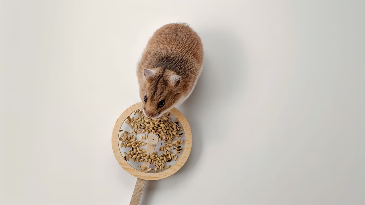 Samen riechender, kleiner braun-weißer Hamster, der sich anlehnt und an einer Holzschaufel auf einer blassen Tischplatte knabbert