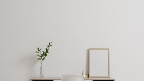 wooden frame with copy space on white background with plant on desk against white wall