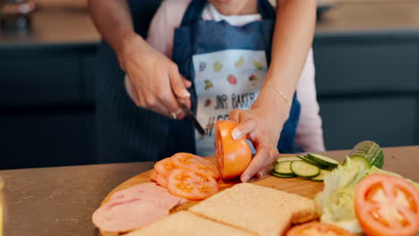 making a sandwich with tomato and cucumber