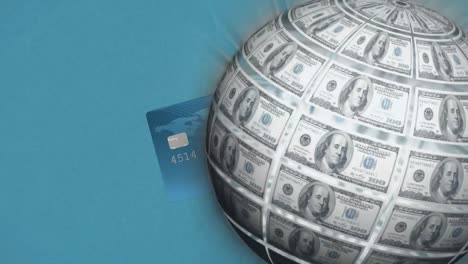 animation of globe formed with american dollar banknotes over credit card