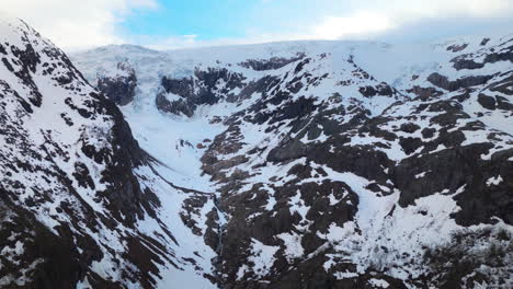 Aerial-establishing-shot-of-the-dangerous-glaciers-within-Buer-Valley,-Norway