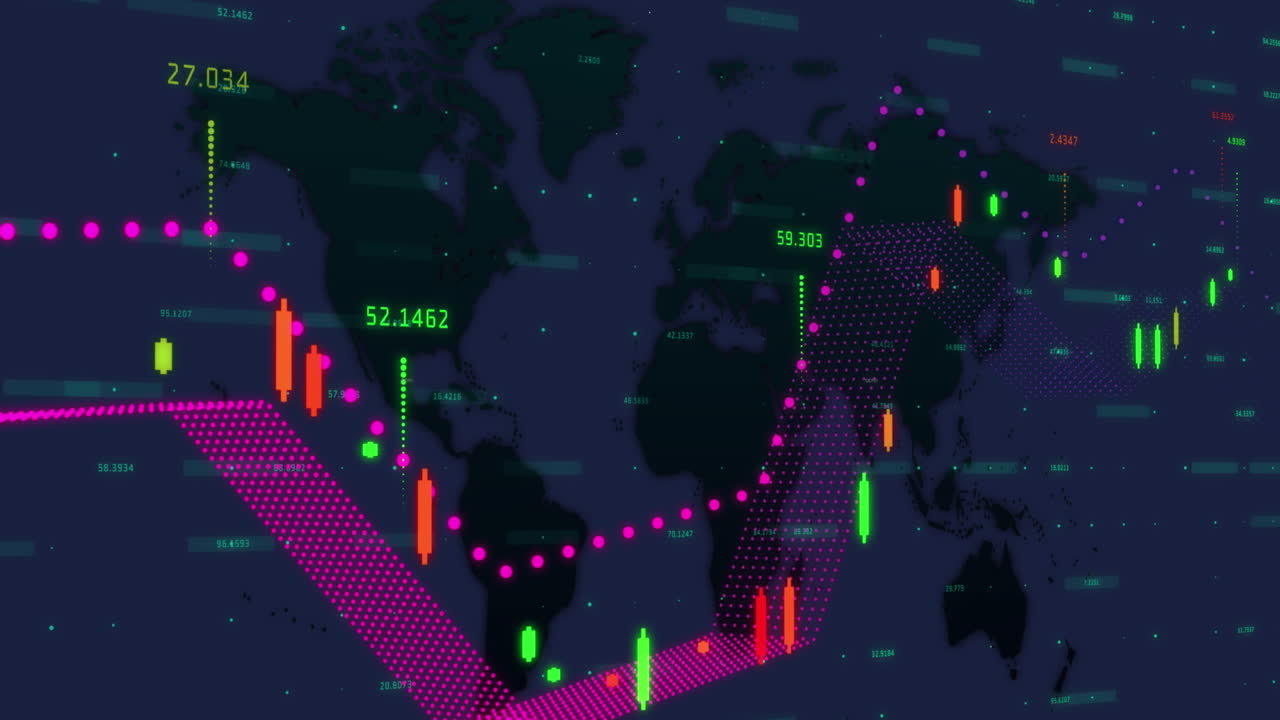 animación del procesamiento de datos financieros sobre el mapa del mundo