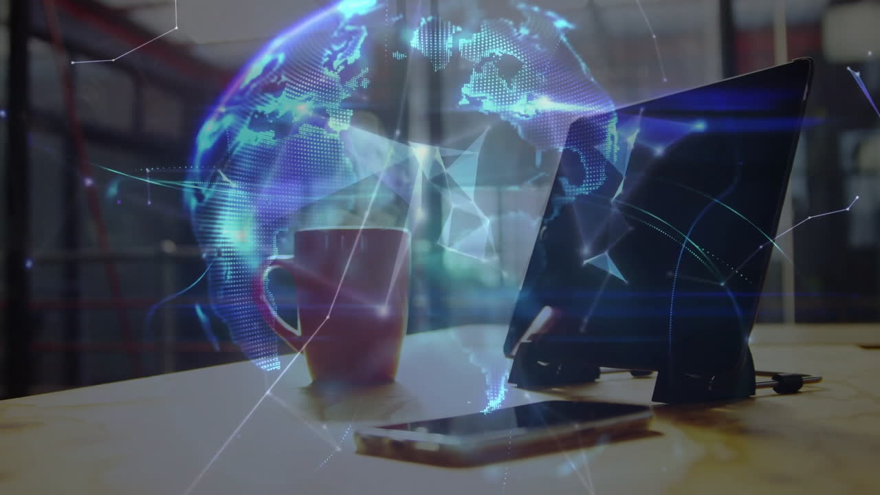 Red coffee mug being visualized on desk, displaying smartphone, tablet and holographic globe in 3D