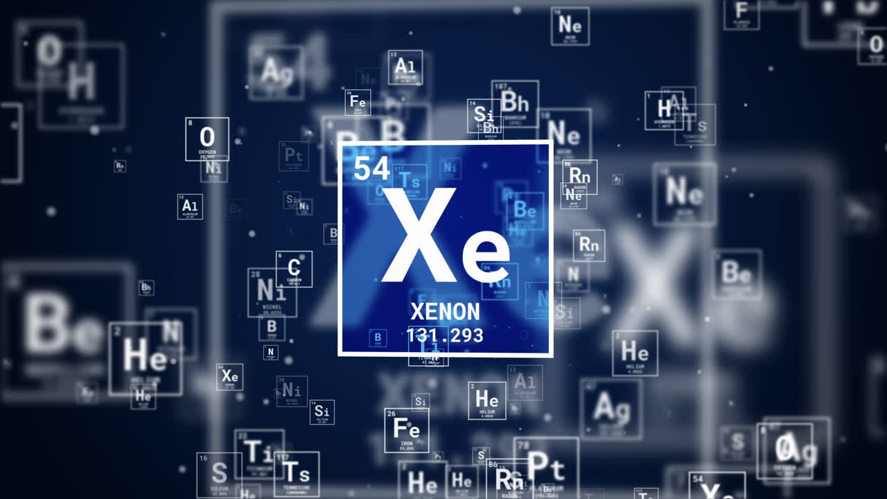 Icon of Xenon Xe inert Gas chemical element on blue background. Periodic table in chemistry. Loop animation.