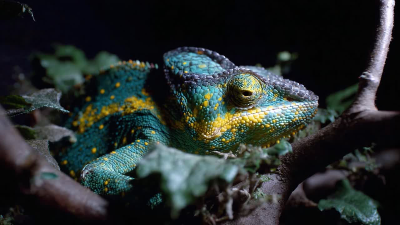 A Captivating Close-Up of a Colorful Chameleon Lying Amidst Leaves, Showcasing Its Unique Texture and Brilliant Hues in a Natural Habitat
