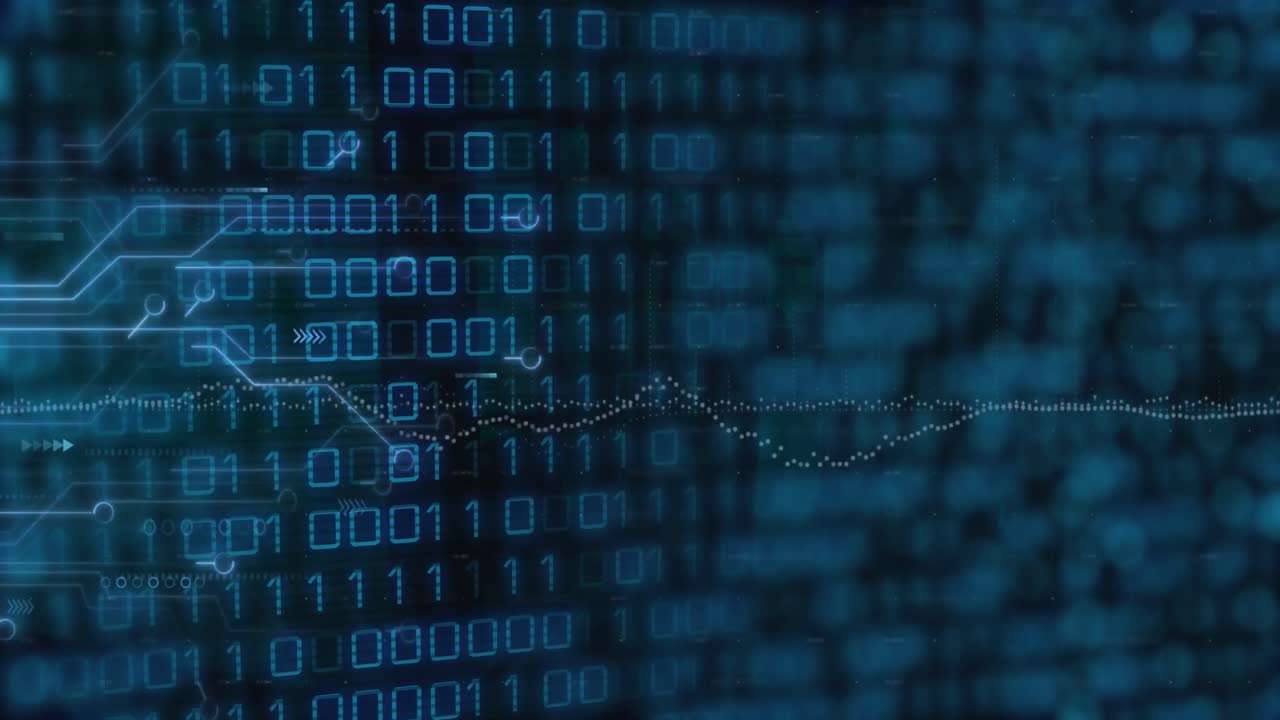 animatie van grafieken, circuitboardpatroon en binaire codes op een zwarte achtergrond