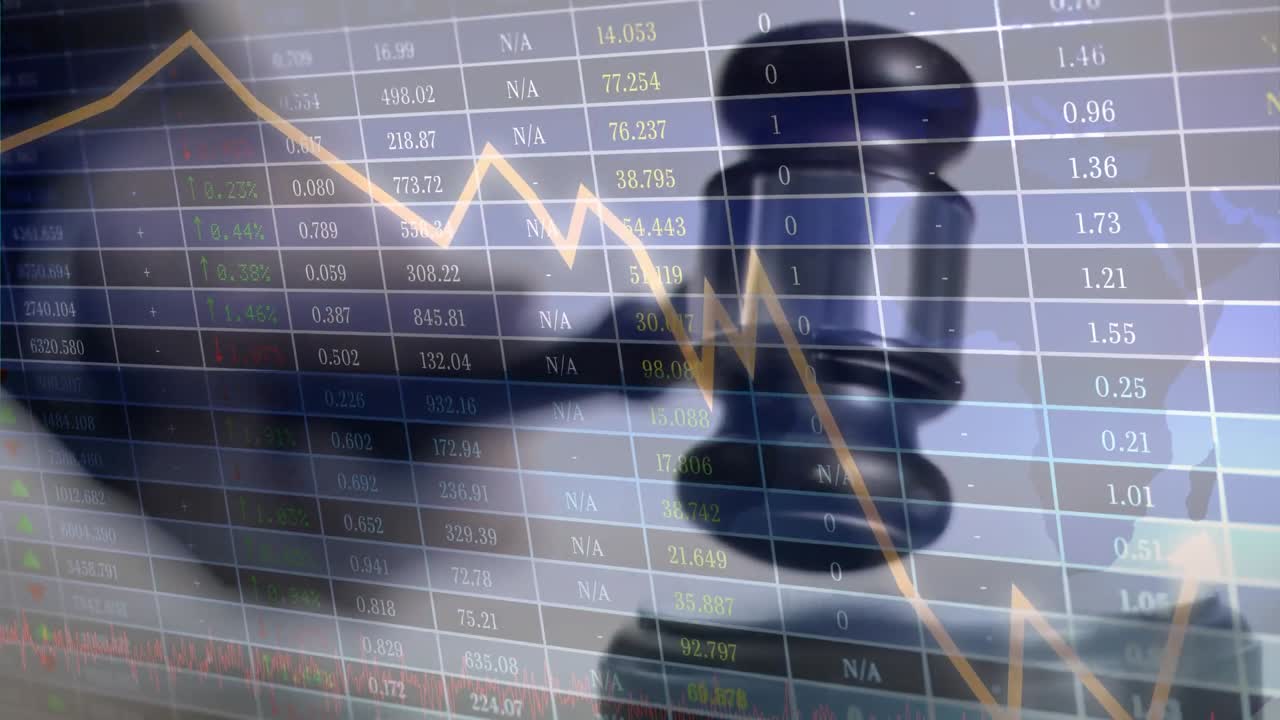 Animation of statistics and financial data processing over auctioneer's hammer