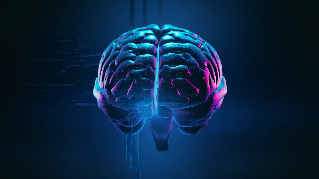 Rotating 3D brain model in digital space with neon circuit graphics highlighting digital energy