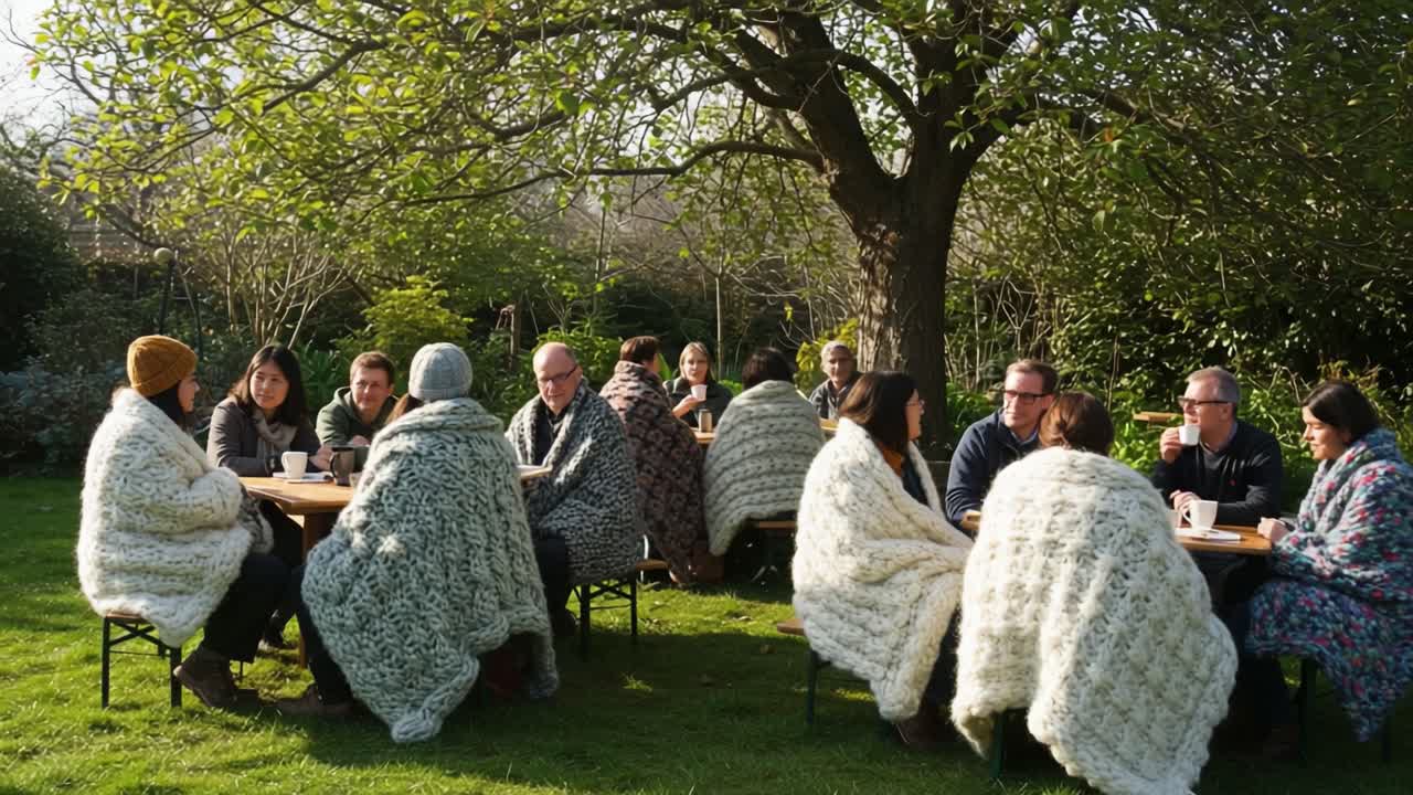 Cozy Gathering in Nature: A Group of Friends Enjoying Warm Drinks Under a Tree, Wrapped in Blankets During a Beautiful Day Outside