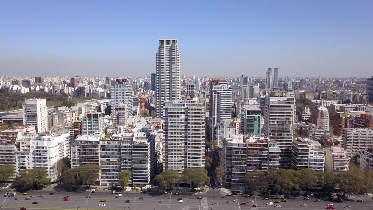 Aerial view of Libertador avenue and Palermo neighborhood in  Buenos Aires. DOLLY IN