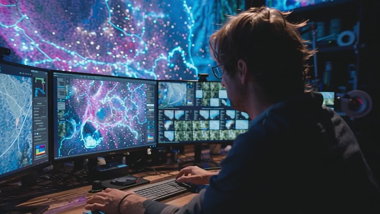 Person analyzing data with multiple monitors in a high-tech room