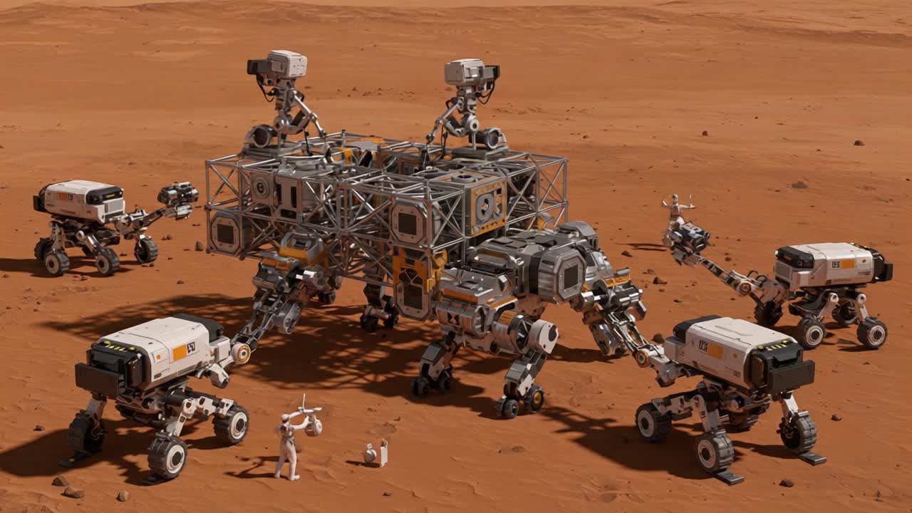 Utforskning av Mars' overflate: Avanserte robotbiler samarbeider om vitenskap- og forskningsoppdrag i et rødt planetmiljø