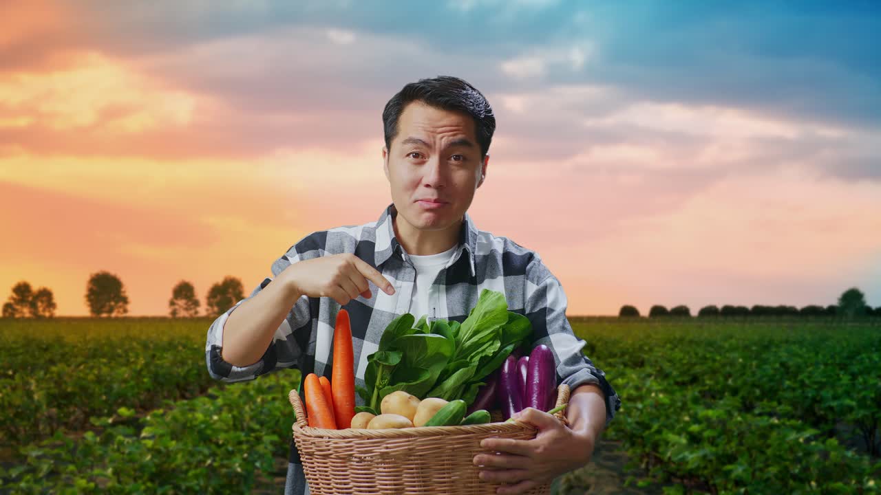 해가 지는 동안 신선 한 채소 바구니 를 들고 있는 농부