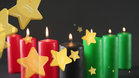 Animation-of-golden-stars-falling-over-kwanzaa-candles-on-black-background