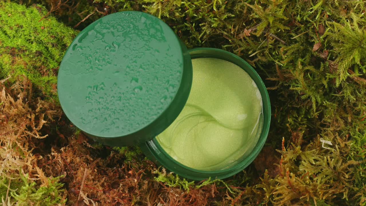 Bottle of cosmetics cream serum on moss forest background green leaves. Woman Make up healthy natural products.