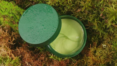 bottle of cosmetics cream serum on moss forest background green leaves. woman make up healthy natural products.