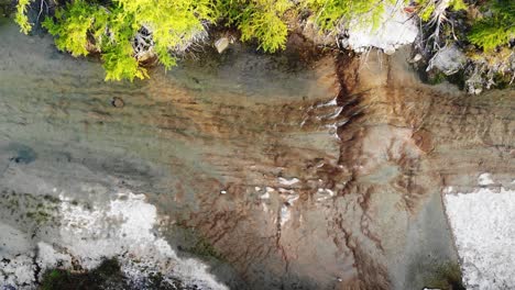 Aerial---high-above-top-down-view-of-the-river-where-water-is-breaking-into-3-strands-forming-small-waterfalls