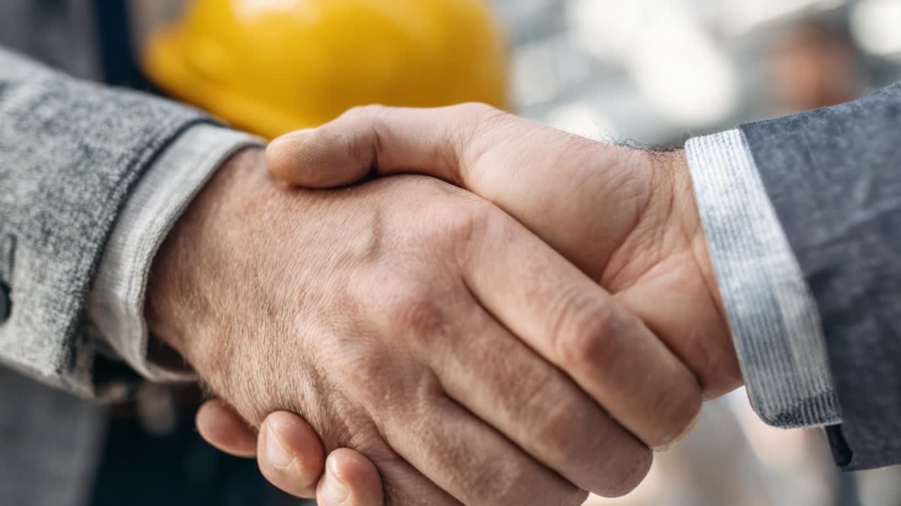 Håndtryk Mellem Professionelle i Byggebranchen, der Symboliserer Tillid og Samarbejde om et Projekt med Sikkerhedshjelme i Baggrunden