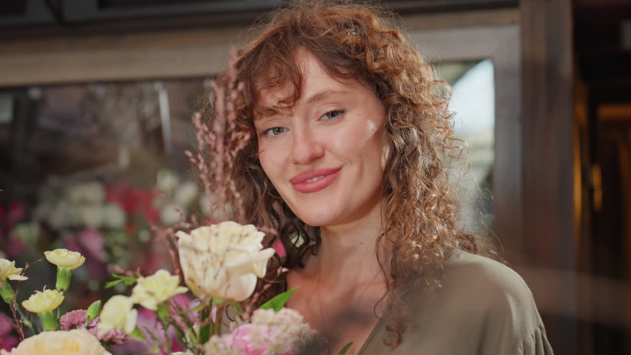 Fiorista donna riccia che sistema un bouquet pastello in una delicata scena da atelier interno, la donna si china per annusare rose e peonie, calda illuminazione vintage, petali delicati, mani che sistemano gli steli, primo piano intimo.