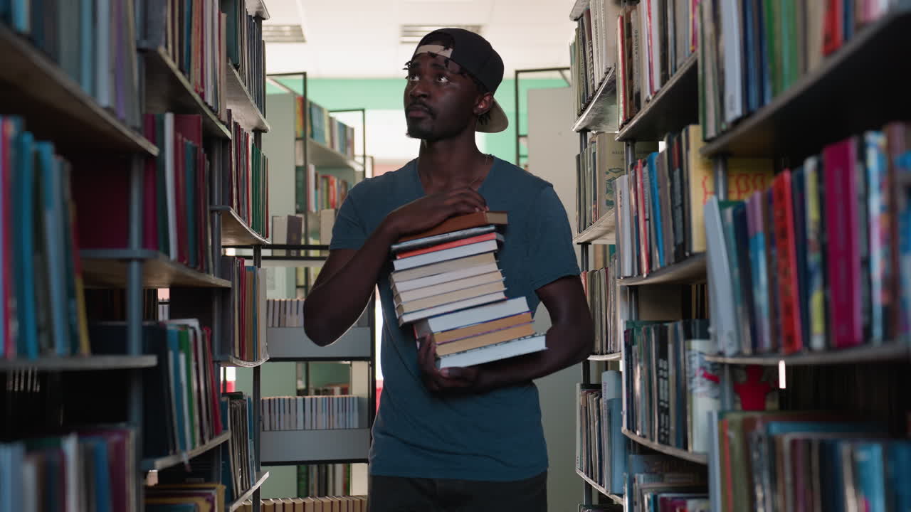 Young man in casual clothing and backward cap carries stack of books while walking through library aisle, looking attentively at shelves for more titles under bright indoor lighting