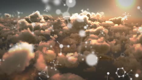 Animation-of-white-networks-floating-over-cloudy-sky-at-sunset