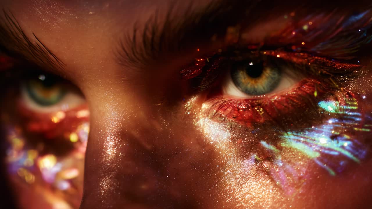 A captivating close-up of mesmerizing eyes adorned with vibrant glitter and artistic makeup, showcasing an intricate blend of colors and light reflections that enhance their beauty