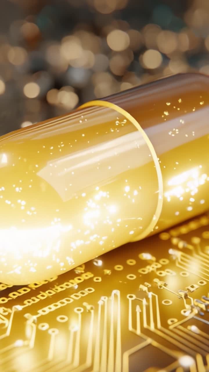 Eine glitzernde Goldkapsel, die auf einer Leiterplatte ruht, umgeben von funkelnden Lichtern, symbolisiert die Schnittstelle von Technologie und Gesundheit.