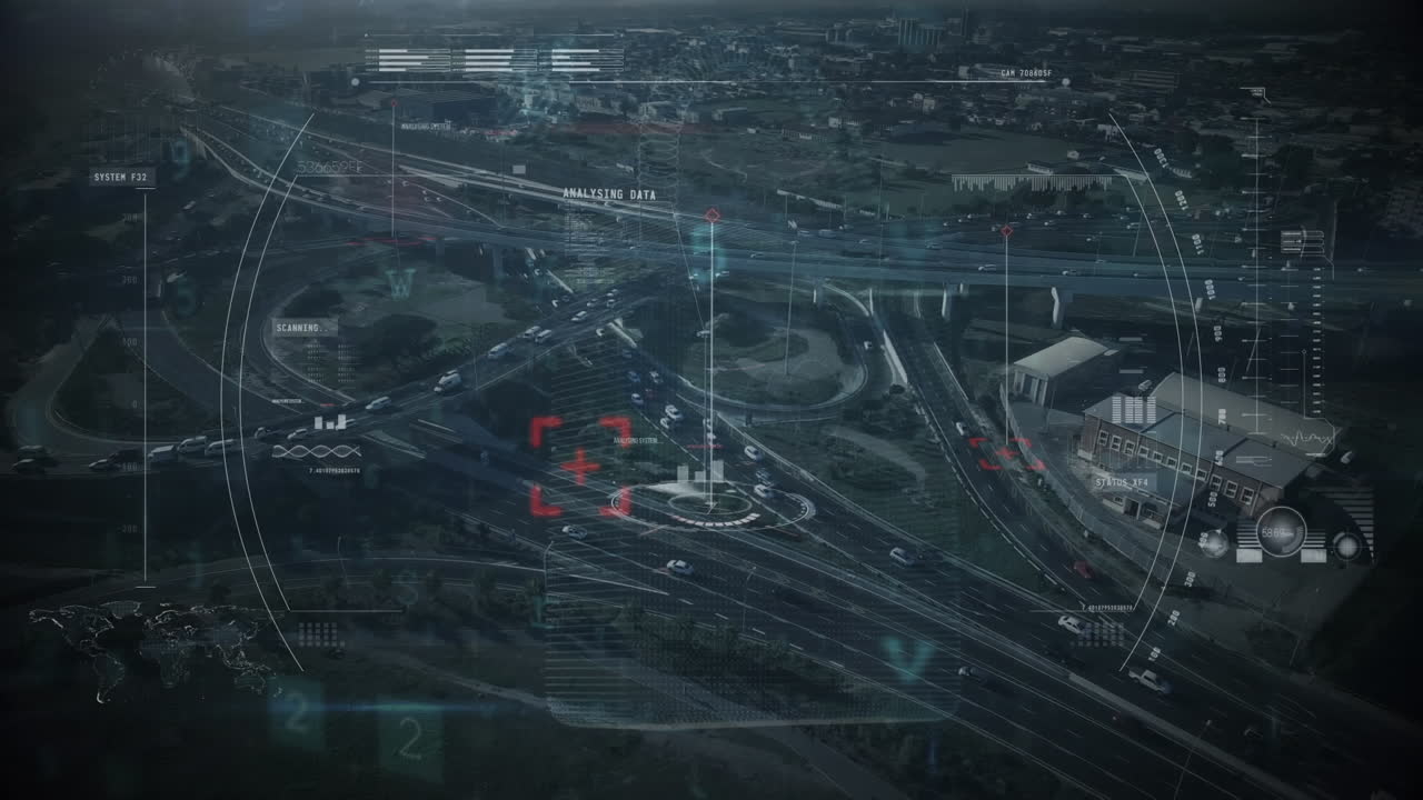 animación de procesamiento de datos e iconos de seguridad en el paisaje urbano